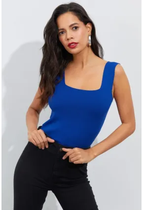 Kadın Saks Kare Yaka Triko Bluz YV87