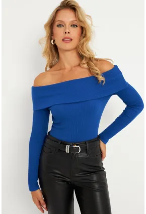 Kadın Saks Madonna Yaka Kaşkorse Bluz XL2210