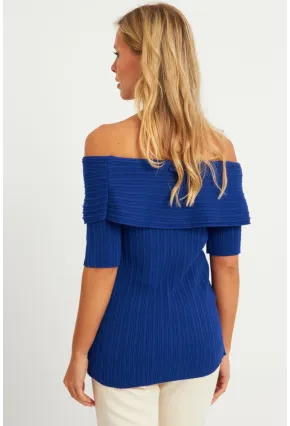 Kadın Saks Madonna Yaka Triko Bluz KZ538