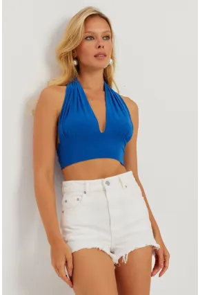 Kadın Saks Multi Bağlamalı Crop Bluz LPP1280