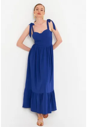 Kadın Saks Pileli Maxi Elbise ERL100