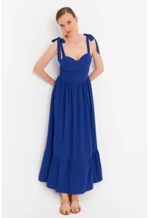 Kadın Saks Pileli Maxi Elbise ERL100