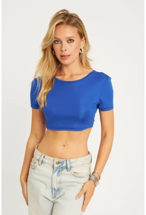 Kadın Saks Sırtı Açık Crop Bluz CG358