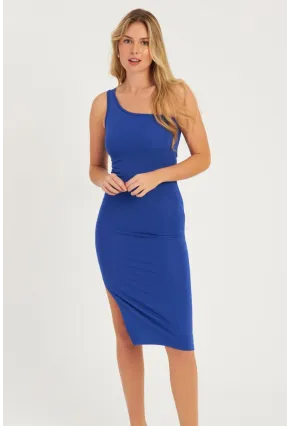 Kadın Saks Tek Omuz Midi Elbise CG343