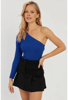 Kadın Saks Tek Omuz Triko Bluz YV204