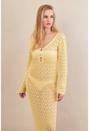 Kadın Sarı Aksesuarlı Triko Plaj Elbisesi KZ3237-90