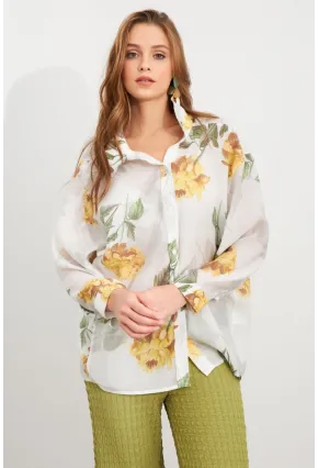 Kadın Sarı Çiçek Desenli İnce Keten Gömlek MCAR1068