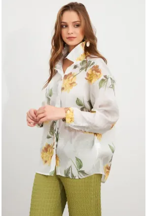 Kadın Sarı Çiçek Desenli İnce Keten Gömlek MCAR1068