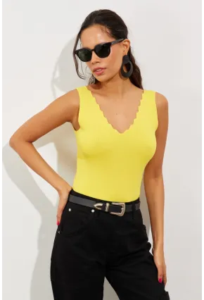 Kadın Sarı Merdiven Yaka Triko Bluz YV83