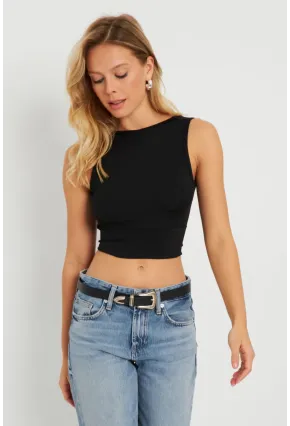 Kadın Sırt Bağlamalı Crop Bluz Siyah EY2733