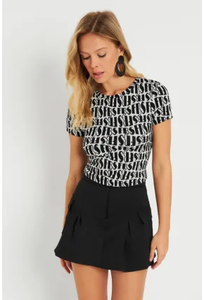 Kadın Sırt Dekolteli Crop Bluz Siyah-Beyaz AYD271