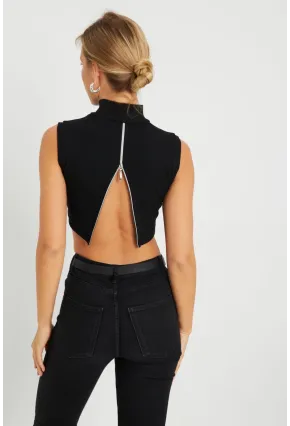 Kadın Sırt Fermuarlı Crop Bluz Siyah EY2730
