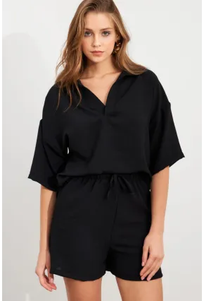 Kadın Siyah Aerobin Şort Takım Q1005