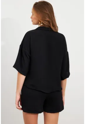 Kadın Siyah Aerobin Şort Takım Q1005