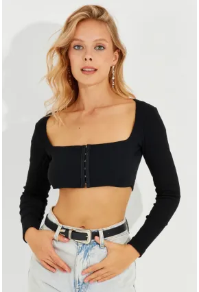 Kadın Siyah Agraflı Kaşkorse Crop Bluz EY2571