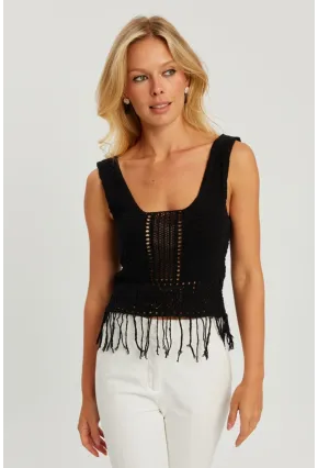 Kadın Siyah Ajurlu Püsküllü Triko Bluz YV228