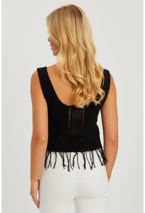 Kadın Siyah Ajurlu Püsküllü Triko Bluz YV228