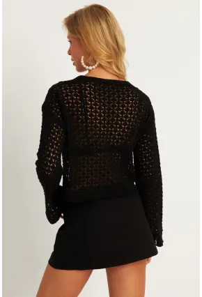 Kadın Siyah Ajurlu Triko Hırka YV248