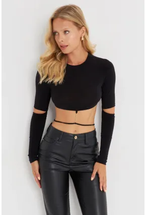 Kadın Siyah Aksesuarlı Crop Bluz B2947