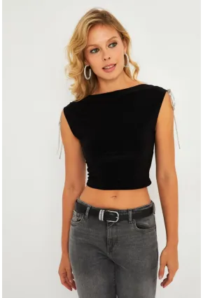 Kadın Siyah Aksesuarlı Crop Bluz GÇ186