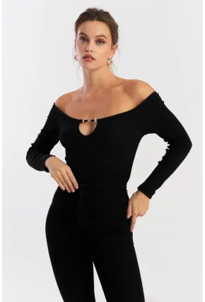 Kadın Siyah Aksesuarlı Kaşkorse Bluz EY2918