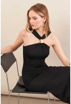 Kadın Siyah Aksesuarlı Midi Elbise İRE101