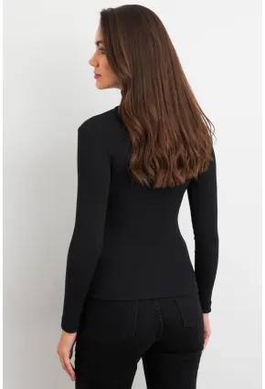 Kadın Siyah Aksesuarlı Pencereli Kaşkorse Bluz EY3032