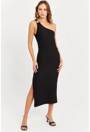 Kadın Siyah Aksesuarlı Tek Omuz Midi Elbise MOD1866