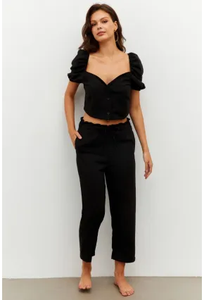 Kadın Siyah Alt-Üst Keten Takım PP7440