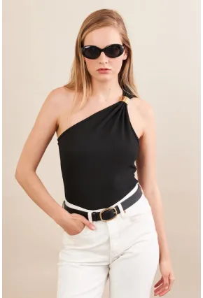 Kadın Siyah Asimetrik Aksesuarlı Bluz FRY2311