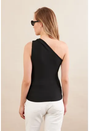 Kadın Siyah Asimetrik Aksesuarlı Bluz FRY2311