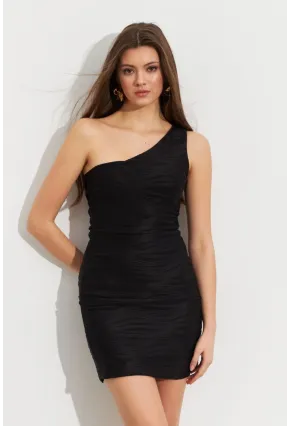 Kadın Siyah Asimetrik Yaka Astarlı Mini Elbise LİT109-1