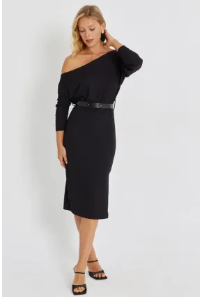 Kadın Siyah Asimetrik Yaka Kemerli Midi Elbise KED4043