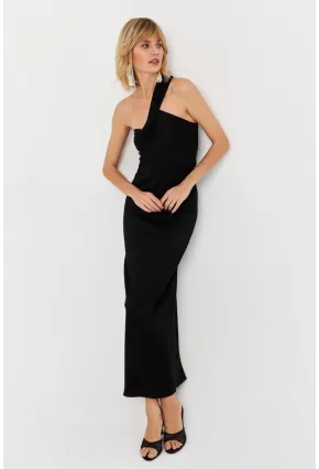 Kadın Siyah Asimetrik Yaka Maxi Elbise NH25455