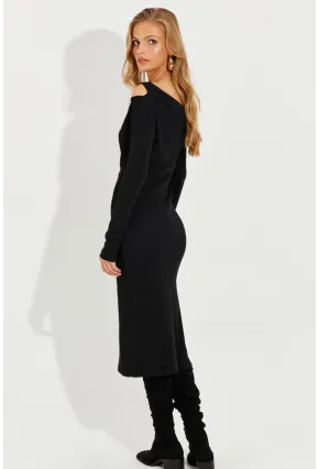 Kadın Siyah Asimetrik Yaka Pencereli Yırtmaçlı Midi Elbise EY2576