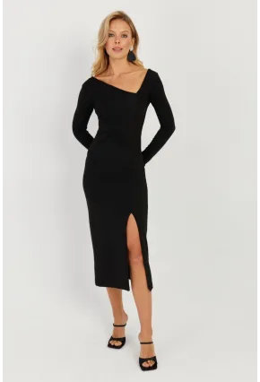 Kadın Siyah Asimetrik Yaka Yırtmaçlı Midi Elbise EY2708