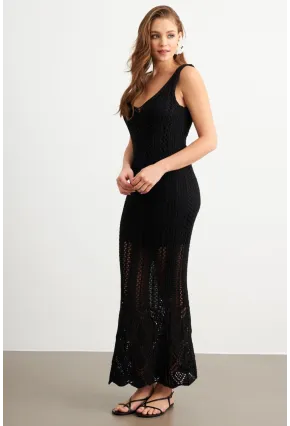 Kadın Siyah Astarlı Ajurlu Maxi Elbise MBE15001