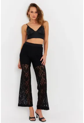 Kadın Siyah Astarlı Dantel Pantolon FLS04