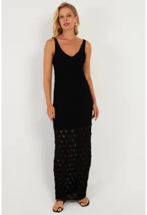 Kadın Siyah Astarlı Triko Maxi Elbise KZ3211