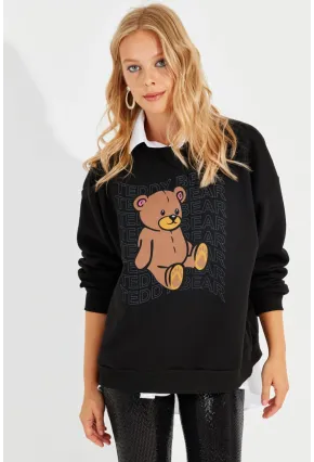 Kadın Siyah Ayıcık Baskılı Sweatshirt ZM288