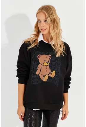 Kadın Siyah Ayıcık Baskılı Sweatshirt ZM288