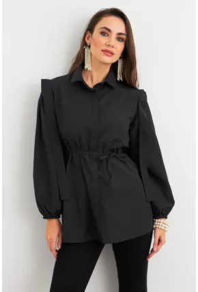 Kadın Siyah Bağlama Detaylı Basic Gömlek MASF185