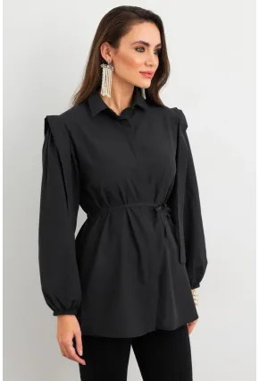 Kadın Siyah Bağlama Detaylı Basic Gömlek MASF185