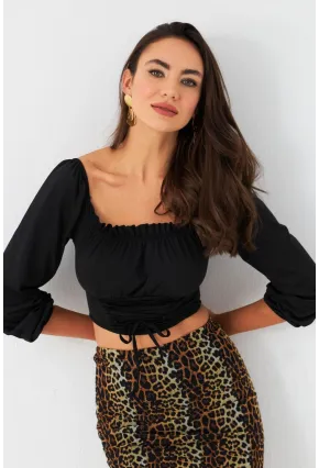 Kadın Siyah Bağlama Detaylı Crop Bluz CG387