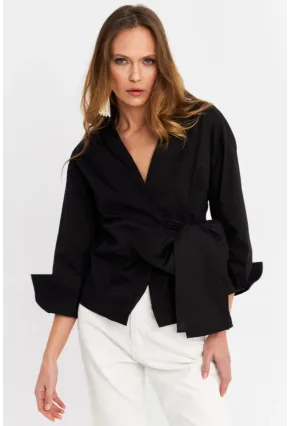 Kadın Siyah Bağlamalı Kruvaze Gömlek MFS9792