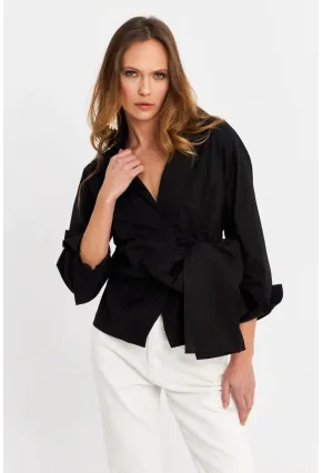 Kadın Siyah Bağlamalı Kruvaze Gömlek MFS9792