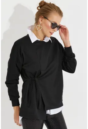 Kadın Siyah Bağlamalı Sweatshirt MYİ2493
