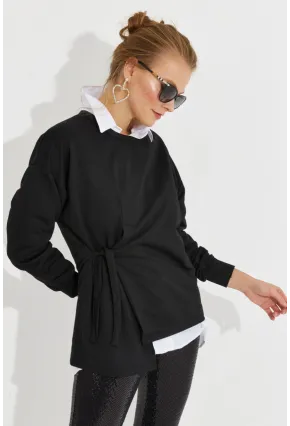 Kadın Siyah Bağlamalı Sweatshirt Yİ2493