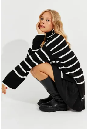 Kadın Siyah Balıkçı Yaka Çizgili Kazak Q976