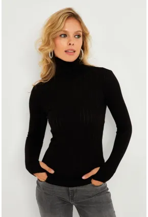Kadın Siyah Balıkçı Yaka Eldivenli Triko Bluz HNT03